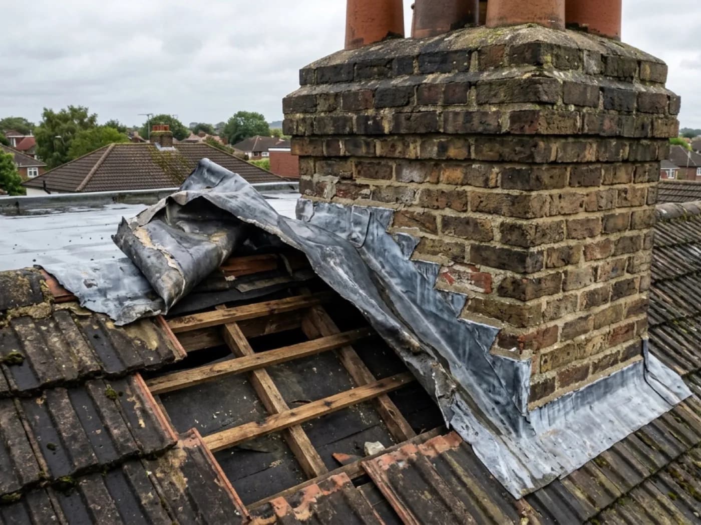 Lead flashing around a chimney stack peeled back and lifted away from the roof after a gale