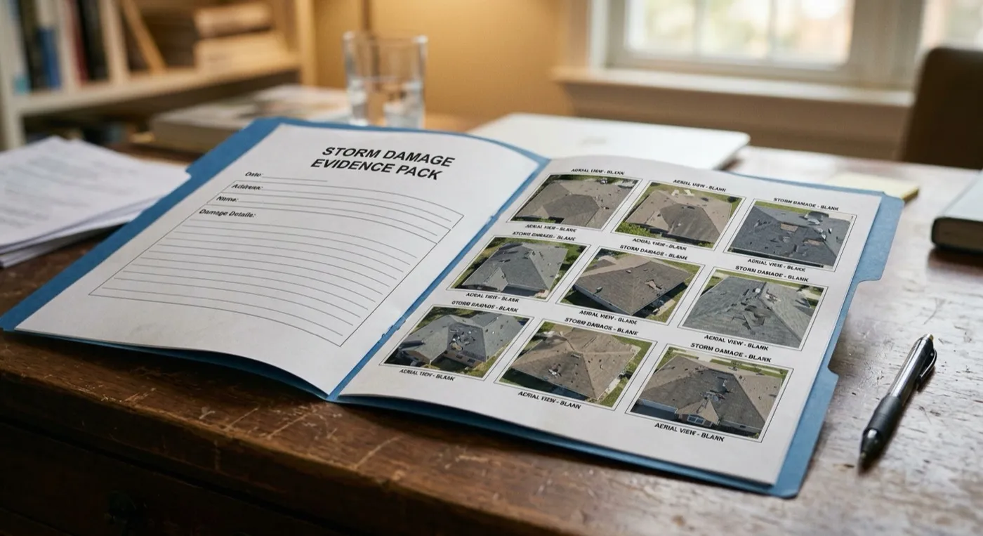 A dated storm damage evidence pack printed and laid out on a desk beside annotated roof photographs